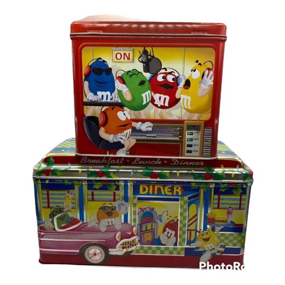 2 M&M's Christmas Village Series Tins # 20 Recoding Studio‎ # 4 Diner